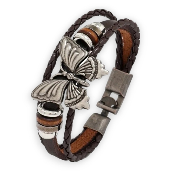 Jewelry - Retro Boho Brown PU Leather Braided Multi-layer Bracelet With Butterfly Charm